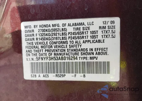 2010 Honda Pilot Ex-L z USA, uszkodzony, nr VIN 5FNYF3H53AB016294